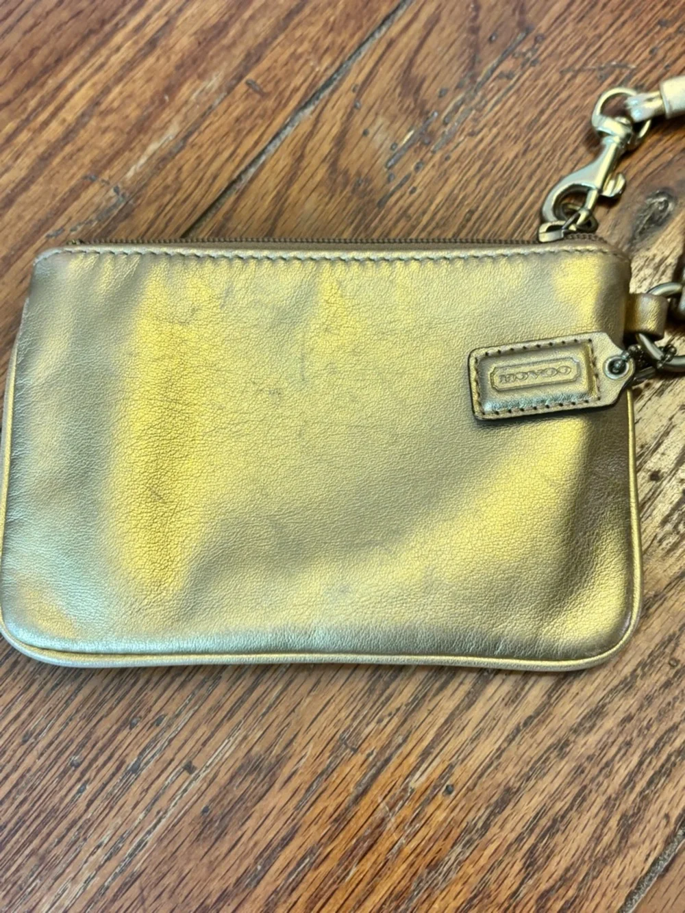 Coach Legacy Metallic Gold Leather Wristlet Clutch Pink Satin Lining Hangtag